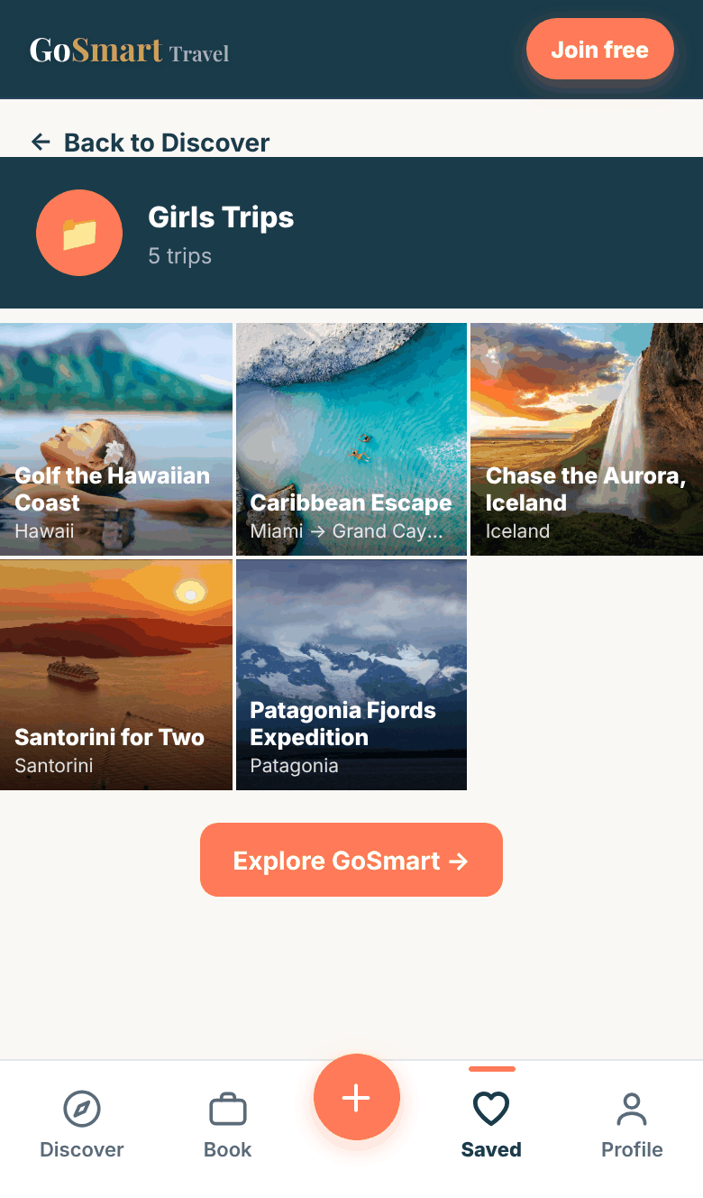 A GoSmart board on a phone: a Girls Trips collection with five saved trips
