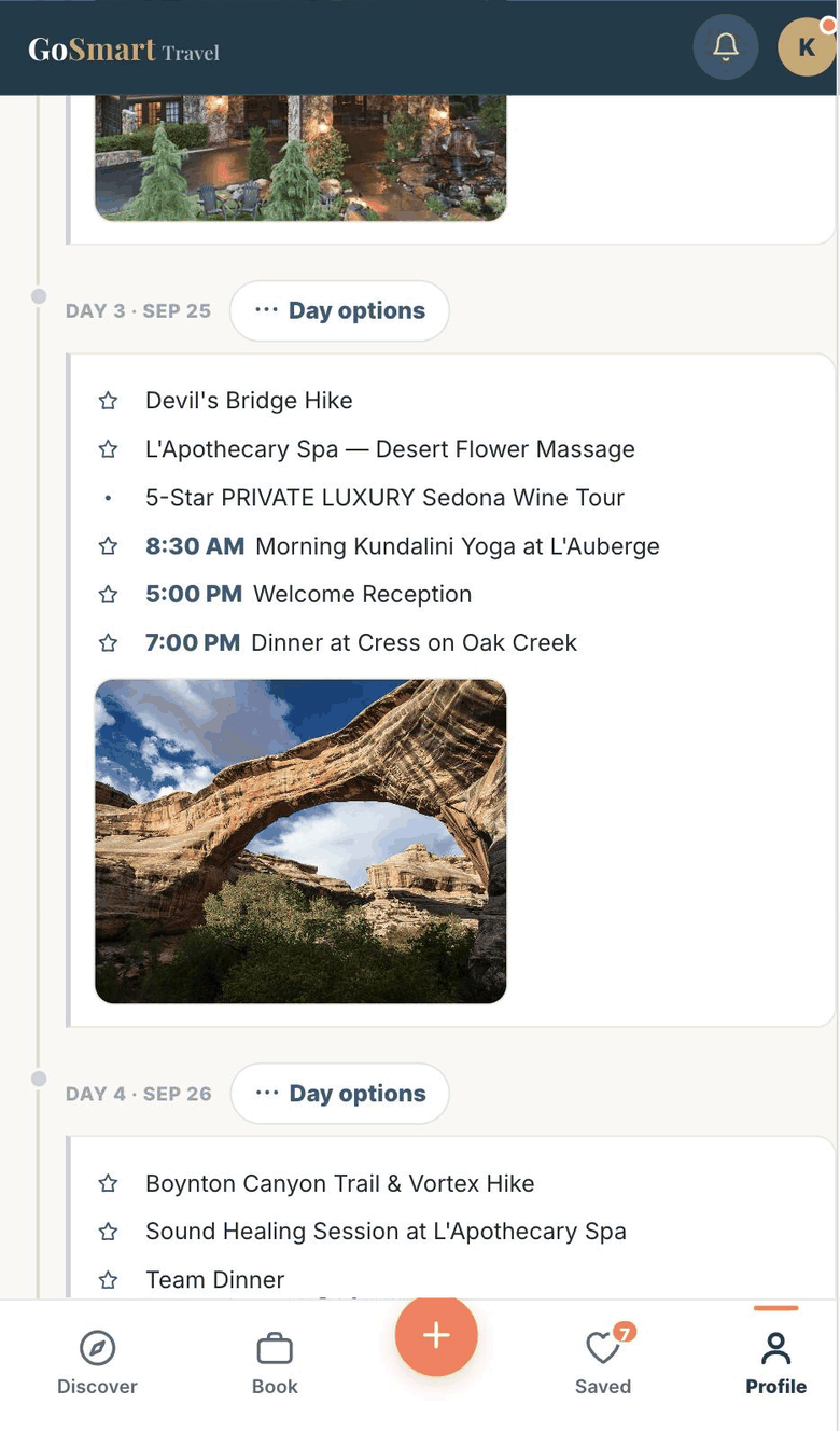 A GoSmart trip plan on a phone: a Sedona day with a hike, a spa visit, a wine tour, yoga and dinner